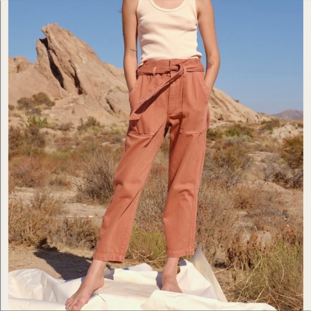 AMO Paperbag Pant in Suntan High Rise Belted Cropped Straight Leg Cotton Rayon